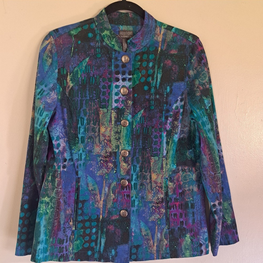 Chicos Additions Abstract Geometric Art Print Button Up Jacket Blue Green Size 0